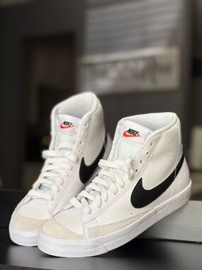 Nike High-Top White Leather Sneakers with Black Swoosh